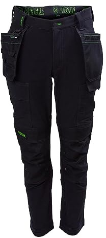 Apache Men's Calgary Work Trousers | Black 30W x 29L | Slim Fit Stretch Utility Pant | Cordura Holster Cargo Pockets | Comfortable Elasticated 4 Way Stretch