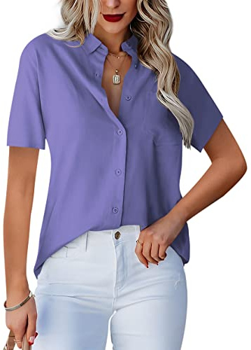Homlan Damblus, v-ringad, långärmad, elegant, ledig, knappblus, arbetsblus, enfärgad, med bröstfickor, D-lila, S