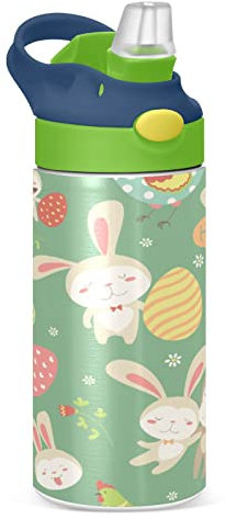 KAAVIYO Cute Bunny Rabbit Water Bottle Stainless Steel Insulated Vacuum Flask Leak Proof with Straw Brush Cup 350ML for Boys Girls Kids