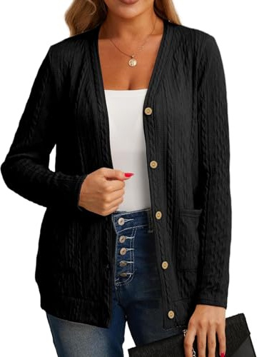 GRECERELLE Kofta damer cardigan elegant vriden kofta för hösten med knappar, v-ringad och praktiska fickor, tunn och snygg, 01 svart, M