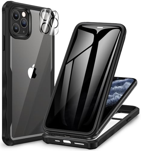 CENHUFO Sichtschutz Hülle für iPhone 11 Pro Max, mit Eingebautem Privacy Panzerglas Displayschutz und Kameraschutzfolie 360 Grad Handyhülle Schutzhülle Stoßfest Bumper Anti Spy Cover Case -Schwarz