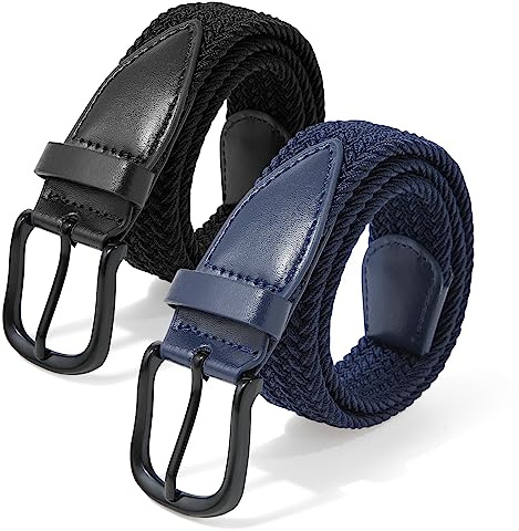 Kajeer Flätat bälte för pojkar för flickor – 2 st unisex elastiskt vävt goft baseball stretchbälte för vardaglig skoluniform jeans, Svart spänne (svart + marinblå), S: Fits Waist 20-26