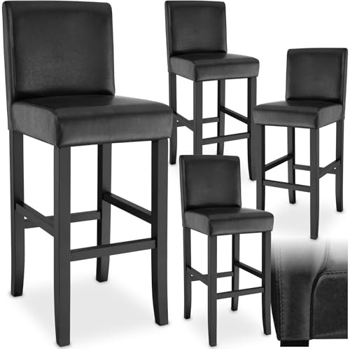 tectake® 4er Set Barhocker, Bistrohocker, Tresenhocker, Barhocker mit Lehne, gepolsterter Barstuhl, Bistrostuhl mit Fußstütze, Holz und Kunstleder, Stuhlbeine aus Massivholz, 107 cm hoch - schwarz