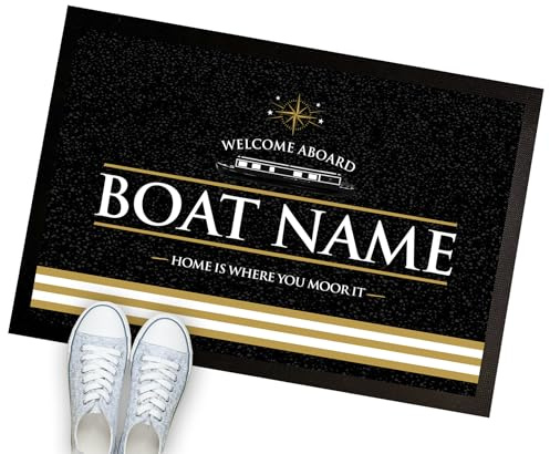 Artylicious Personalised Boat Mat - Black & gold stripes Narrow Boat, Canal barge boat nautical Door Mat - boating accessories - 60x40cm
