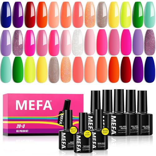 MEFA UV Nagellack Set, 20+3-Gel Nagellack Pink Rot Glitzer Orange -Glossy&Matte Top Base Coat-Soak Off Gellack Uv Lack für Nail Art Maniküre Salon