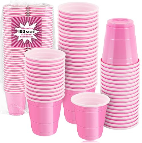 Kinmsito 100 Stück Rosa Shot Cups, Shot Becher 5cl/50ml,Plastik Schnapsgläser,Wiederverwendbar becher,Schnapsbecher Mehrweg,Pink Cups,Mini-Partybecher für Party Camping Geburtstag Hochzeit