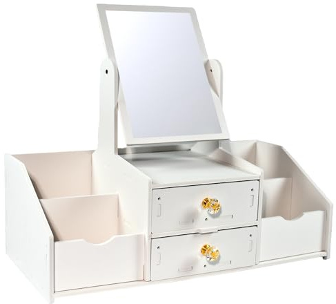 Skupro Make Up Organizer mit Spiegel, weißer Kunststoff Kosmetik Organizer mit Schubladen, Makeup Organizers Vitrinen für den Schminktisch, Schreibtisch Schmuck Makeup Organizer für die Eitelkeit