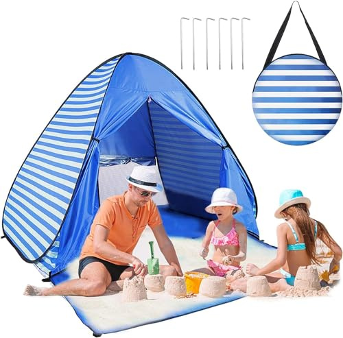 Strandmuschel Pop Up Strandzelt, Extra Light Pop Up Zelt für 2-3 Personen 50+ UV Schutz Tragbar Strandzelt Sonnenschutz Windschutz Strand Campingzelt für Camping, Wanderausflug (Blaue Streifen)