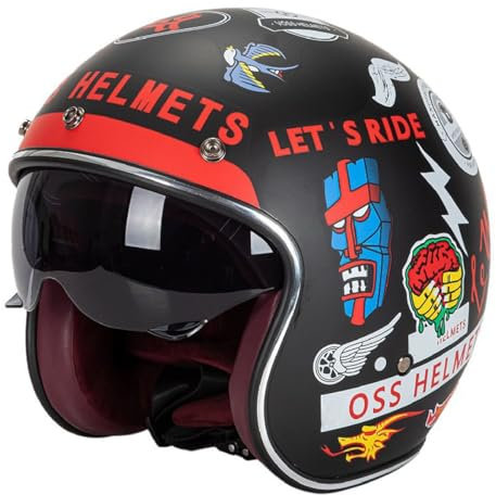 Retro 3/4 Motorrad Helm Jethelm Roller-Helm DOT/ECE-Zertifizierter Brain-Cap Offenem Motorradhelm Mit Sonnenblende Halbschalenhelm Halbhelme Schutzhelm Für Herren Damen 7,XXL:63-64CM