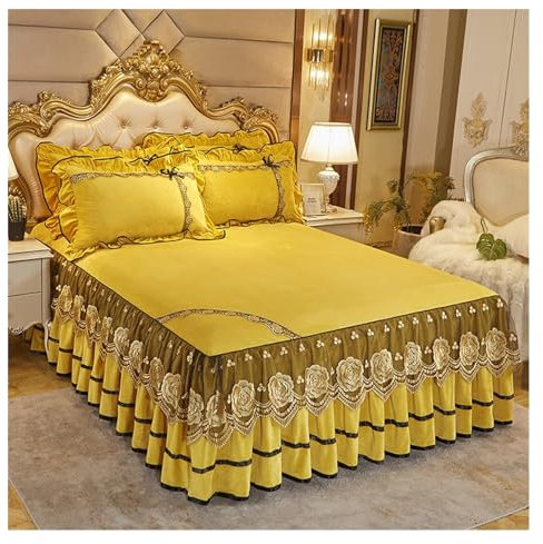 Betthusse Luxus BettProsse auf dem Bett Hochzeitsbettblech Spitze Bettabdeckung Decke Stoff King Queen-Size-Bett Rock mit Kissenbezüge BettschüRze (Color : Golden, Size : 3pcs 180x200cm)