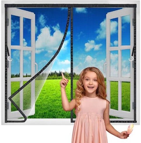 Magnetic Fly Screen Window 225x125 cm, Chain, Full Size, Heavy Duty Curtain, Pet Friendly, for House, French Windows Black New-Version