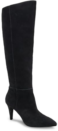 Coutgo Womens Wide Calf Knee High Boots Stiletto High Heel Pointed Toe Side Zipper Suede Long Boots Winter Shoes, Black, Size 8