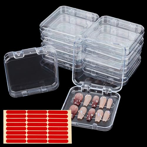 NICENEEDED 10 Caja de Almacenamiento para Uñas A Presión., Cajas de Embalaje de Uñas Postizas de Plástico, Organizador de Uñas Transparente con Cinta Adhesiva de Doble Cara