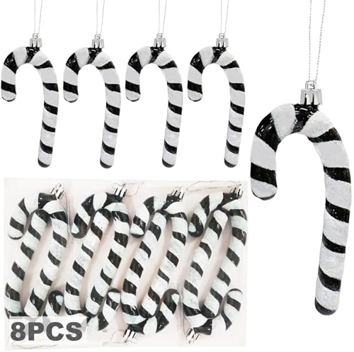 8Stck Glitzer Zuckerstangen Weihnachtsbaum Deko Schwarz Weiß,13CM Zuckerstangen Deko Weihnachten Anhänger Christbaumschmuck Schwarz Zuckerdekor Weihnachtsbaumanhänger Weihnachtsdekoration