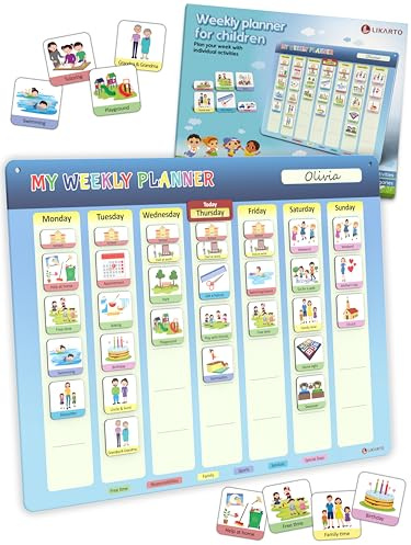LIKARTO® Visual Timetable Weekly Planner for Kids - Montessori Magnetic Board incl. 194 Magnets & Cord - Fully Writable & Wipeable - Encourages Independence