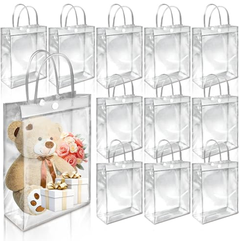 Återanvändbara bärkassar, transparent, 12 stycken PVC transparenta skötväskor, vattentäta klara presentpåsar med handtag, transparent presentpåse bröllop för baby shower födelsedag