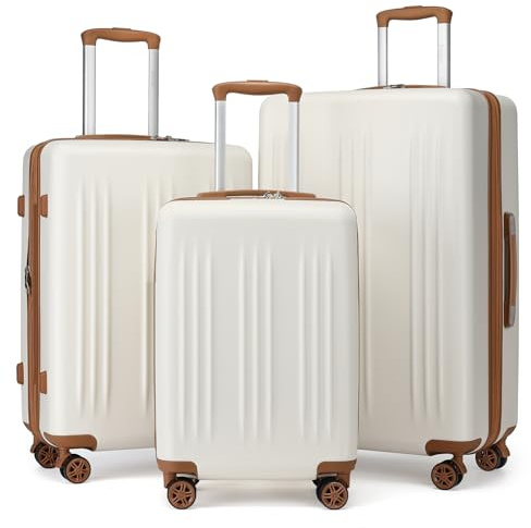 KONO Koffer Set 3 Stück Hartschalenkoffer Erweiterbar Leicht Klein Handgepäck 55cm Trolleys Mittelgroß 65cm Koffer Groß 75cm Reisekoffer mit 4 Rollen und TSA-Schloss, Beige Weiß/Braun