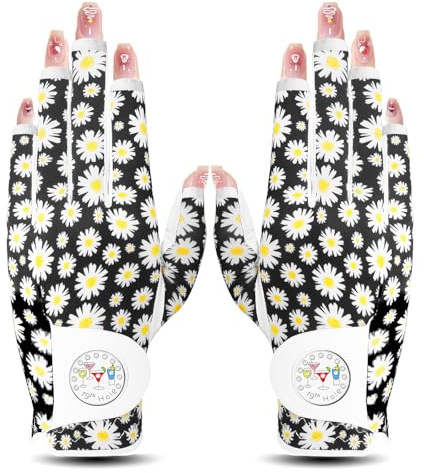LOVMEAD Damen Golf Handschuh Golfhandschuhe Leder mit Ballmarker All Wetter Linke Rechte Hand Paar, Damen-Golfhandschuhe Rain Grip Weathersof atmungsaktiv weich rutschfest (Weiße Blüten, M)