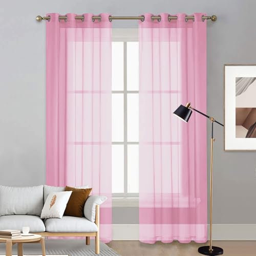 Voile Scheibengardine 225 x 65 cm Polyester, mit Ösen Transparent Bistrogardine Scheibengardine Kindergardine für Wohnzimmer Landhaus Kleine Fenster, Rosa