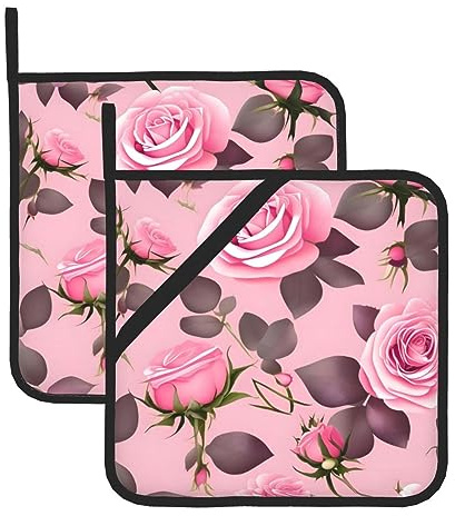 Set di presine con rose rosa – versatili tappetini caldi da forno, per cucina, tavolo da pranzo, cucina e cottura
