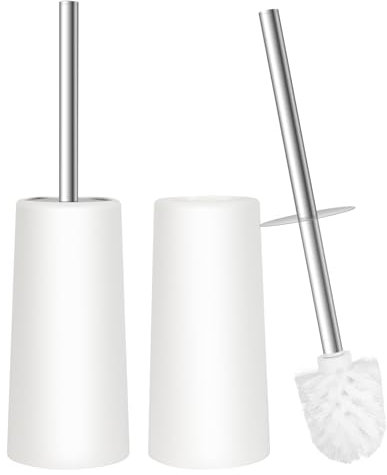 Topsky Juego de 2 escobillas de inodoro cerradas con mango de acero inoxidable, escobilla de inodoro blanca, escobilla compacta y soporte, recipiente cónico de plástico, cepillo para inodoro (blanco)