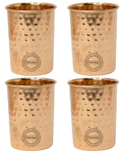 Fashnkart 4er-Set Trinkgläser aus reinem Kupfer, ayurvedische Gesundheitsbecher, Kupferbecher, 300 ml (gehämmert)