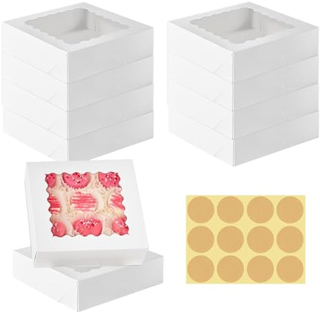 BDHYYM 10 Stück Auto-pop Up 20,3 x 20,3 x 6,4 cm, Kuchenboxen mit Fenster | Weiße Keksschachtel mit Sichtfenster Cupcake Transportbox Tortenschachtel Gebäckkarton für Kekse, Muffin, Verpackung, Cupcake