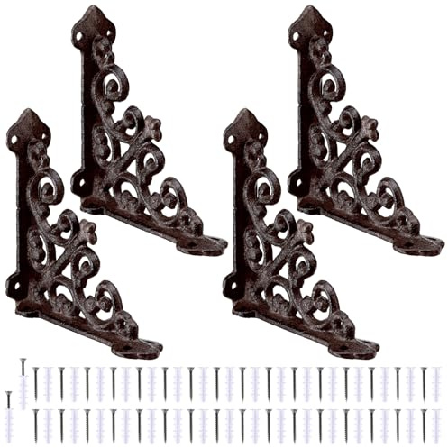 Blulu 4 Pack Decorative Shelf Brackets, Cast Iron Brackets 3 7/8 x 3 7/8 Heavy Duty Metal Shelving Bracket for Bookshelf Wall Mount, Antique Style L Shelf Bracket for DIY Floating Shelves(Iron Gray)