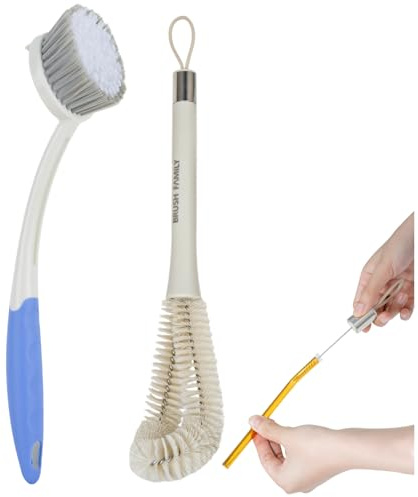 2 Pack Kitchen Scrub Brush, 2 in 1 Water Bottle Brush with Removable Straw Cleaner Dish Scrub Brush with Scraper Tip for Dishes, Pans, Bottle, Cups, Pot, Sink