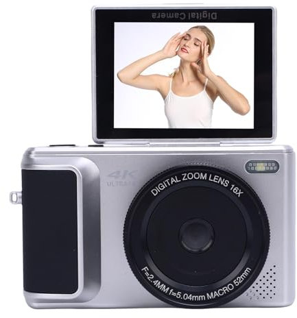 4K Digitalkamera 64MP, 2,4 180 ° Flip -Bildschirm, mit 16 -facher Zoom -Anti -Shake, Autofokus, Vlogging Travel Retro -Kamera für Jugendliche Erwachsene Anfänger (Silver)