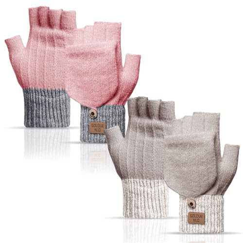 Tolaler 2 par klaffhandskar, dam, herr, vinter, halvfingrar, varma stickade vantar, pekskärm, fingerlös, en storlek, för arbete, körning, arbete, kontor, sport, rosa, one size