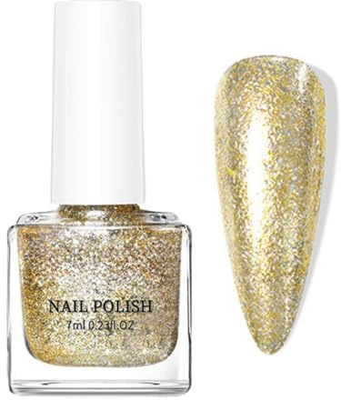 Gold Glitter Nail Polish - Gold Nail Polish Quick Dry - High Density Metallic Glitter Nail Varnish No UV Needed - Reflective Sparkly Nail Art Polish For Women Girls Manicure DIY
