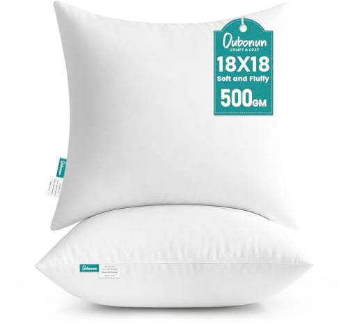 Oubonun 18 x 18 Throw Pillow Inserts - Soft, Plush & Decorative Down Alternative Pillows for Couch Sofa Bed, Machine Washable - White, Pack of 2