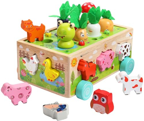 Playtastic Kinderholzspielzeug: 25-teiliges Sortierspielzeug Farm aus Holz, mit Tieren und Pflanzen (Lernspielzeug, Kinder Spielzeug Holz, Kid)