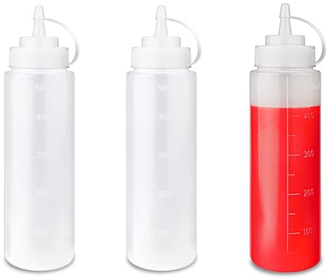 3 Pcs Squeeze Bottles with Caps, 500ml/17.6oz Plastic Sauce Bottles, Squeezy Condiment Sauce Bottle with Measurements, Reusable Squeeze Dispensers for Ketchup Syrup BBQ Mustard Salad Dressing