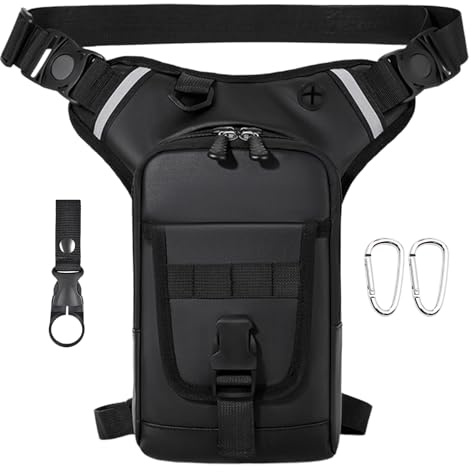 Gsrhzd Sacoche de Jambe Moto, Imperméable Sac de Jambe Moto Multifontion pour Homme et Femme avec Bande Réfléchissante, 1 Clip à Gourde, 2 Mousquetons, pour Cyclisme, Course, Randonnée