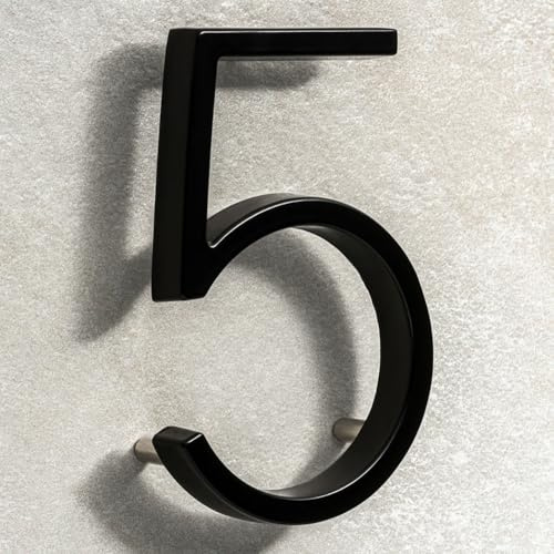 House Signs Direct | Modern Floating 3D Black Metal House Numbers 5 Inch | Stylish Front Door Numbers with Waterproof Zinc Alloy Finish | Easy Install Door Number Sign for Wall or Gate - Number 5
