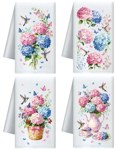 CUTHOLLOW Hydrangea and Hummingbirds Decorative Kitchen Towels Set of 4, 60x40cm Soft Absorbent Microfiber Dish Towel for Tea Coffee Bar Home, Gift for Mother's Day Housewarming Christmas Birthday