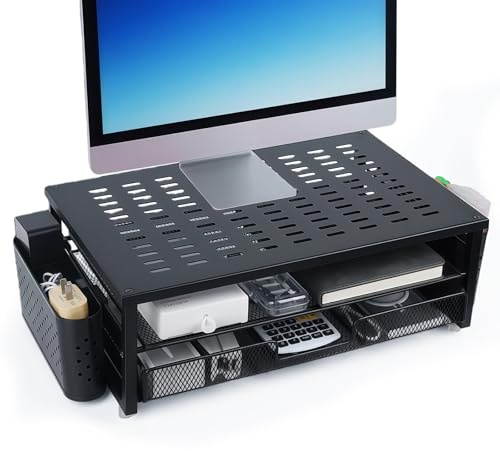 CHUNGG Monitor Stand Riser with Storage, Desk Monitor Stand with Drawer and 2 Pen Holder Office Accessories, Computer Desk Organizers Riser, for Laptop, Printer, Computer ( Black )