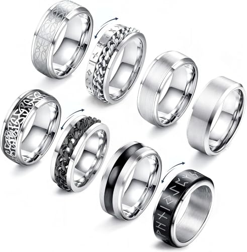 JeryWe 8 Stück Fidget Ring Herren Eheringe Verlobungsring Edelstahl Spinner Ring, Keltischer Knoten, Kette Ringe, Herrenring Set für Männer, Band Herrenringe - Schwarzer/Silber Größe 57, 8 mm