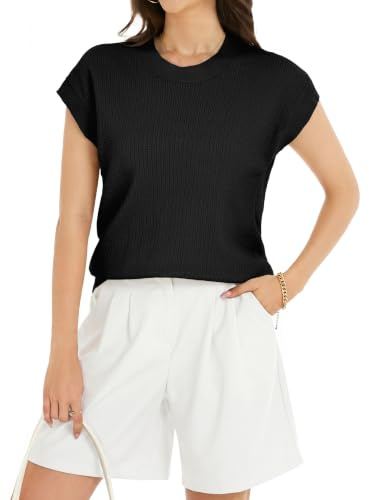 Camiseta de Punto Mujer Suéter Ligero Básico Jersey con Cuello Redondo Manga Corta Blusa Verano Elegante Moda Top Primavera Túnica Casual Negro M