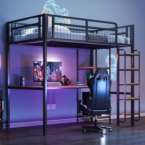 luckdect Lit Mezzanine 90x200 cm, Multifonctionnel Lit Loft, Métal Robuste, avec Bureau et Étagères, échelle de Sécurité à Marches, Lit Simple pour Jeune, Adultes, sans Matelas