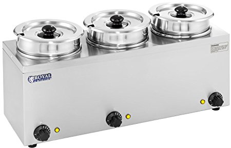 Royal Catering - RCBM-3/4R - Bain Marie Suppenstation Hotpot mit Ablasshahn Chafing Dish (3 x 2,75 L, 3 x 150 W, Inklusive Deckel, 30-110 °C, 3 Einsatztöpfe)