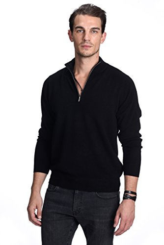 State Cashmere Men's Half Zip Mock Neck Sweater 100% Pure Cashmere Polo Neck Pullover (Black, Large)