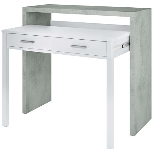 Habitdesign, Schreibtisch, Computertisch, Konsole, Artik weiß und Zementgrau, Maße: 98,5 x 87,5 x 36-70 cm (B x H x T)
