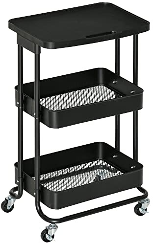 HOMCOM Carrito de Cocina con Ruedas Carro de Almacenamiento de 3 Niveles y Frenos para Baño Salón Dormitorio Oficina 46x34,5x76,5 cm Negro