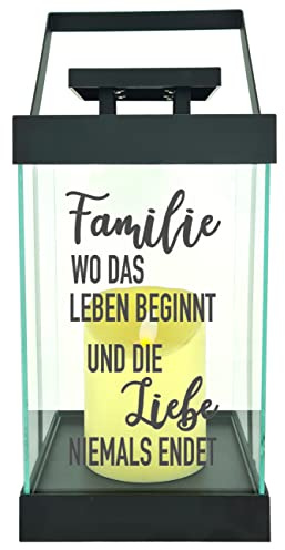 WB wohn trends Edle Glas-Laterne mit LED-Kerze, Familie wo das Leben beginnt - Liebe Niemals endet, Timer, 35cm hoch mit Bügel, 24,5x13x13cm, Batterie LED-Licht LED-Laterne LED-Lampe mit Text Spruch