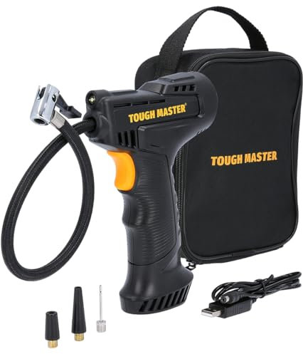 Cordless Car Tyre Inflator, TOUGH MASTER 150PSI Air Compressor, Portable Handheld USB Rechargeable Pump with 3 Nozzles Plus Carry Bag For Cars Motor Cycles, Vans, SUV