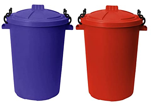 (𝐒𝐞𝐭 𝐎𝐟 𝟐) Clip Lock Storage Bin 50 Litre Large Dust Bin Food Grade Animal Feeding Bin Heavy Duty Plastic Kitchen Bin Waste Rubbish Garden Compost - Made in UK. (Red, Purple)