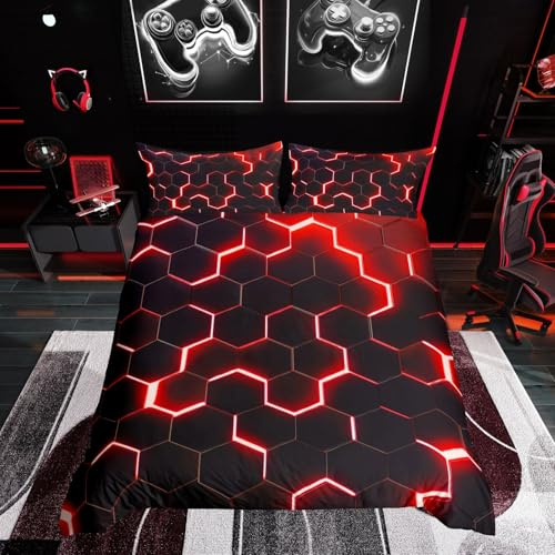 Homewish Honeycomb Bedding Set Single,Red Black Geometric Duvet Cover Neon Glitter Hexagon Comforter Cover For Kids Boys Teen Men Soft Lightweight Quilt Cover Bedroom Dorm Decor